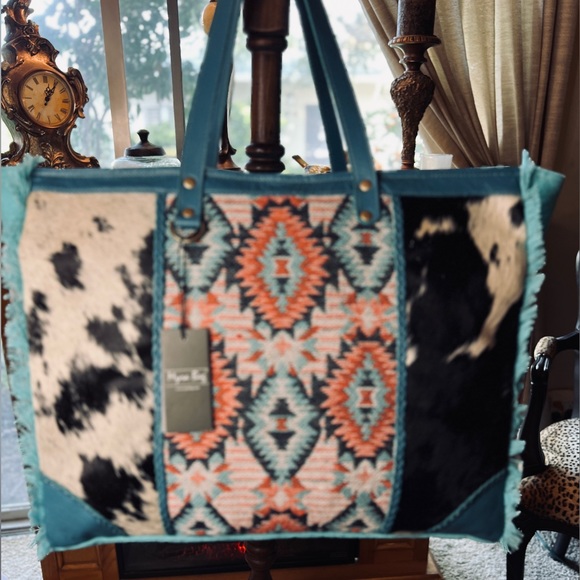 XXL Myra Western Boho Aztec Leather Trim Weekender Travel...